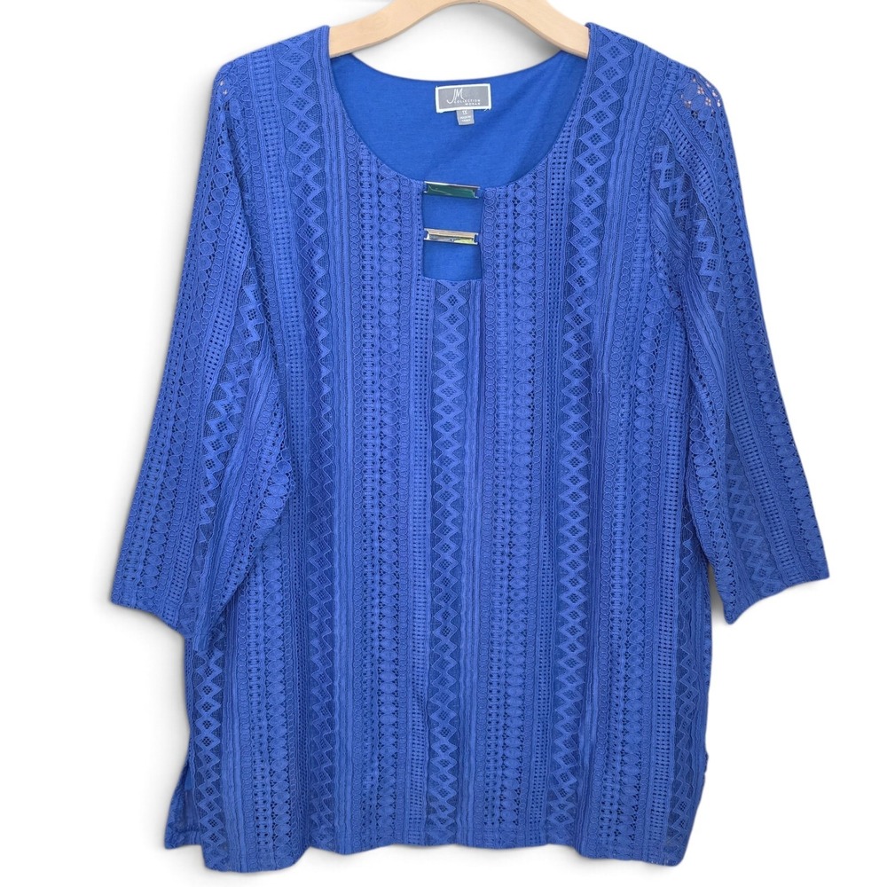 JM Collection Top Womens 1X Blue Lace Overlay Hardware Cutout 3/4 Sleeve Blouse